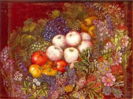 Still life "Flowers, apples, tomatoes"