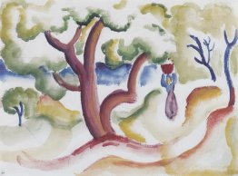 Woman with pitcher under trees