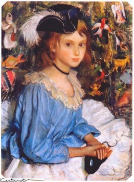 Katya in blue dress by christmas tree