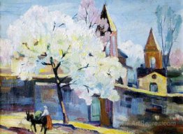 Surb Zoravor Church. Blooming Apricot Tree.