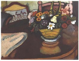 Still life with pillow with deer décor and a bouquet