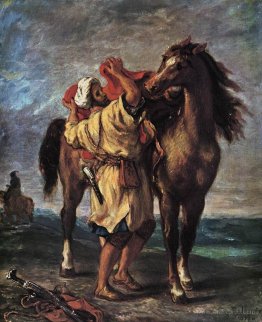 A Moroccan Saddling a Horse