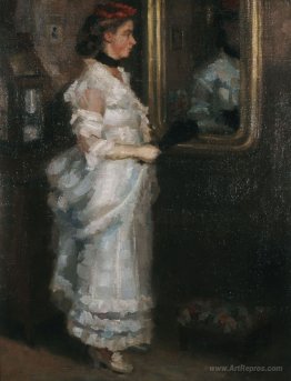 Lady in the mirror with a fan