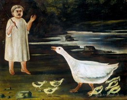 Girl grazing a goose with goslings