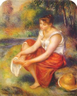 Girl wiping her feet