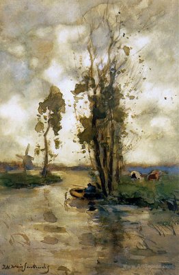 Fisherman in polder landscape