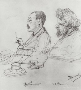 Tolstoi and Repin at a meeting of the Academy of Arts