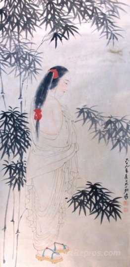 Beauty in Red Hair-kerchief, Wooden Shoes, White Robe, Bamboos