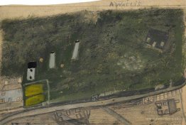 Landscape with Field, Chimneys and Road between Blue and Dark Gr