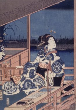 Moonlight View of Tsukuda with Lady on a Balcony