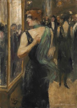 Lady in black evening dress with green scarf