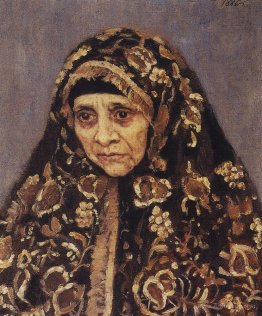 The old woman with a patterned headscarf