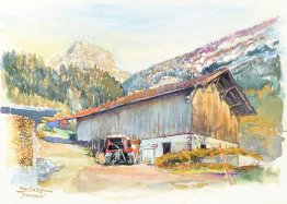 Les Plans sur Bex, a barn with tractor - the Muveran mountain in