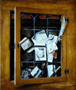 A trompe l'oeil of an open glazed cupboard door, with numerous p