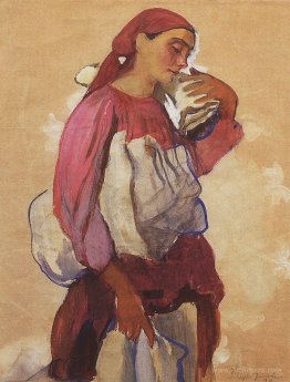 A peasant woman with rolls of canvas on her shoulder and in her