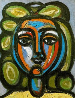 Head of a woman with green curls