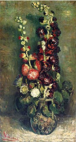 Vase of Hollyhocks