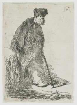 Man in a coat and fur cap leaning against a bank