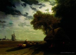 Ukrainian landscape with chumaks in the moonlight