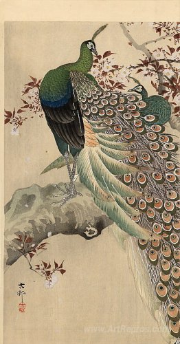 Two green peacocks on the bough of a flowering tree