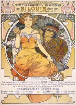 Art nouveau color lithograph poster showing a seated woman clasp