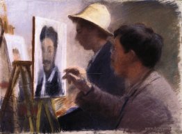 Oscar Björck and Eilif Peterssen Painting Portraits of Georg Bra