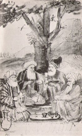 Four Orientals seated under a tree. Ink on paper