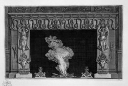 Fireplace with a frieze of serpents and winged figures above the