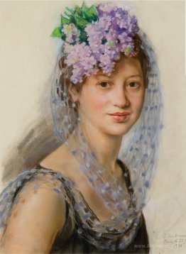 Portrait of Berthe Popoff in a floral fascinator