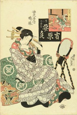 Portrait of the courtesan Kamoen of Ebiya relaxing on folded fut