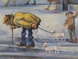 An ordinary man walking with his dogs