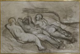 Study of three naked women lying at the foot of a cliff