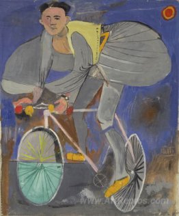 Cyclist dressed up (with traditional Greek costume) and a temple