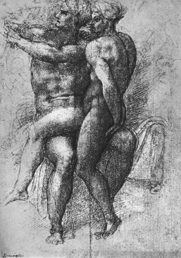 Nude female seated on the knees of a seated male nude: Adam and