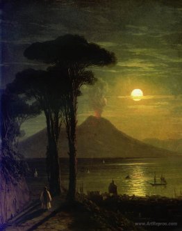 The Bay of Naples at moonlit night. Vesuvius