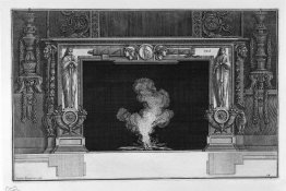 Fireplace with draped figures and horns of plenty at the hips, a