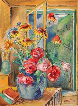 Vase with red and yellow flowers