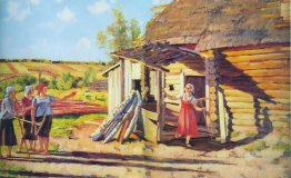 The first collective farmers. In the rays of of the sun. Podolin