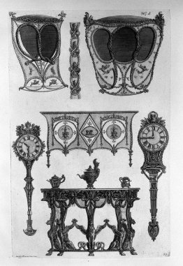 Two sides of sedan chairs, two tables to the wall, two clocks, t