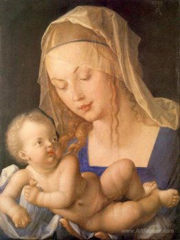 Virgin and child holding a half eaten pear