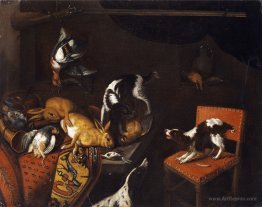 Still Life with dead hares and birds, armchair, hounds, hunting