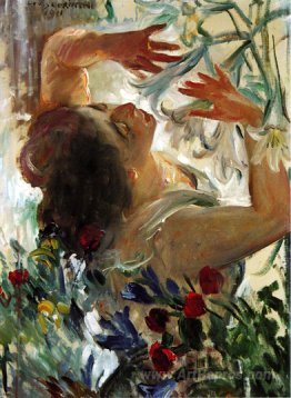 Woman with Lilies in a Greenhouse