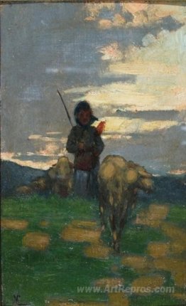 Shepherd with flock