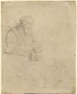 Old man in meditation, leaning on a book