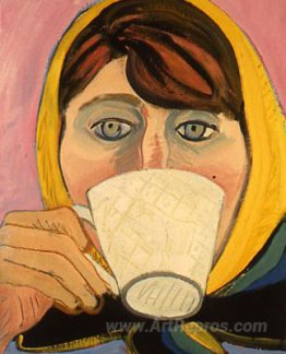 Self-Portrait in Scarf Drinking Tea