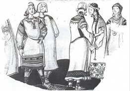 The scene with five figures in costumes