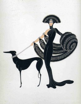 Costume design: woman dressed in black, with furs, hat and dog o