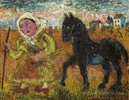 Woman in Yellow Dress with Black Horse