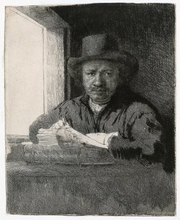 Self-portrait drawing at a window