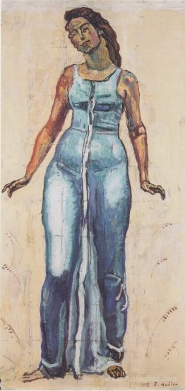 Standing female figure in a blue dress